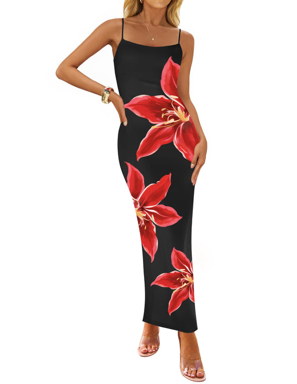 ZESICA Bodycon Floral Spaghetti Strap Boho Long Dresses