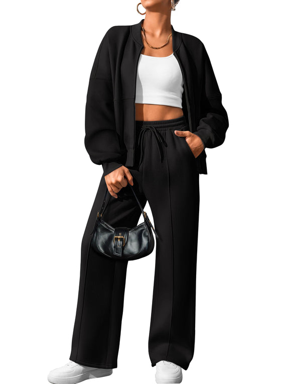 ZESICA Zip Up Long Sleeve Sweatshirt Wide Leg Sweatpants Outfits