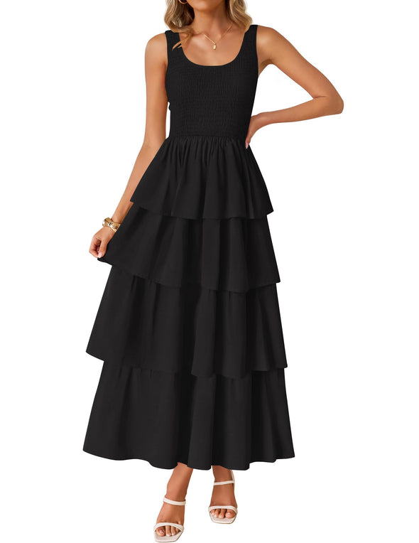 ZESICA Scoop Neck Ruffle Tiered Layered Swing Long Beach Dresses