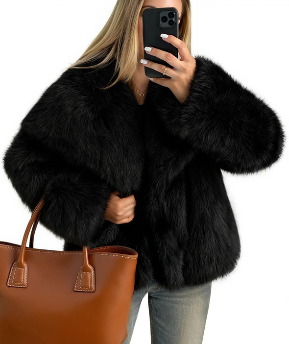 ZESICA Winter Faux Fur Coats Fluffy Jacket Lapel Shaggy Warm Outerwear
