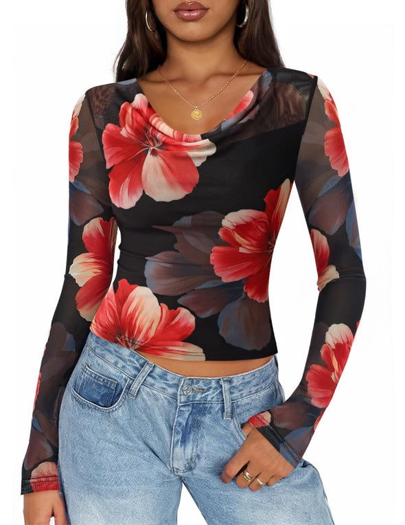 ZESICA Fall Cowl Neck Slim Fit Going Out Y2k Shirts Date Night Outfits