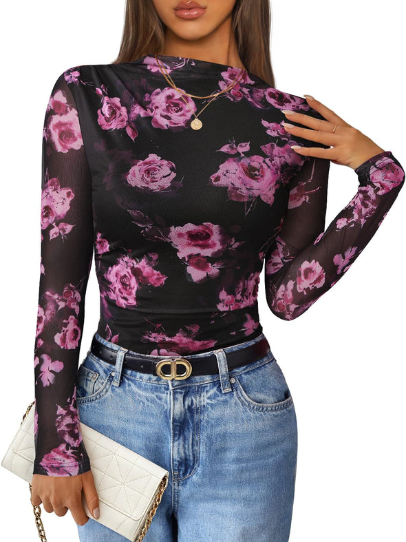 ZESICA Floral Fall Mesh Mock Neck Ruched Fitted Shirts