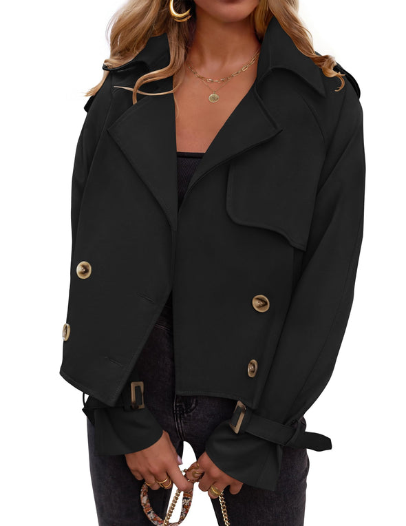 ZESICA Crop Trench Coat Lapel Double Breasted Loose Casual Jacket