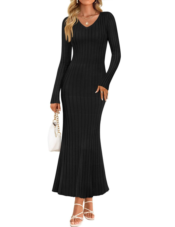 ZESICA Fall Sweater V Neck Ribbed Knit Party Cocktail Bodycon Dresses