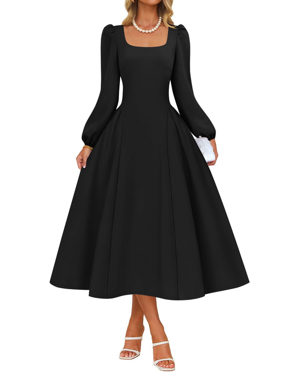 ZESICA Fall Square Neck Swing A Line Wedding Guest Evening Prom Dress