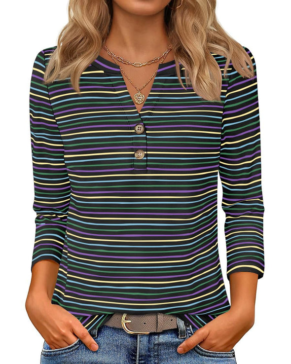 ZESICA Boho Striped Henley Shirts 3/4 Sleeve Tops Casual Blouses