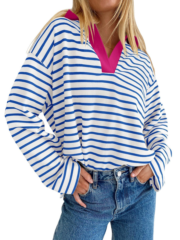 ZESICA Striped V Neck Oversized Sweatshirt Loose Fit Tunic Tops