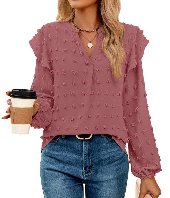 ZESICA  Chiffon Blouses V Neck Swiss Dot Casual Tunic Tops