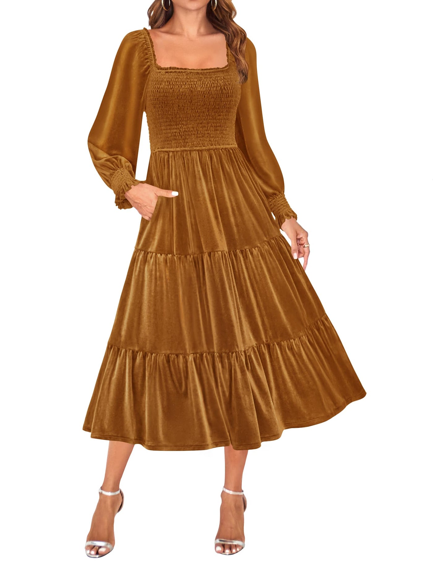 ZESICA Velvet L Neck Smocked Ruffle A Line Flowy Midi Dress zesica ZESICA Velvet L Neck Smocked Ruffle A Line Flowy Midi Dress zesica
