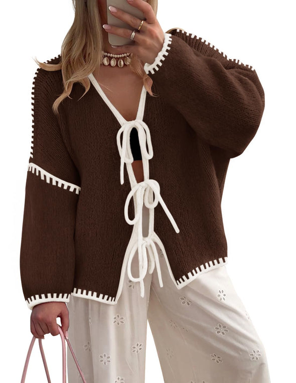 ZESICA Tie Front Bow Knit Color Block Fall Winter Clothing Coats