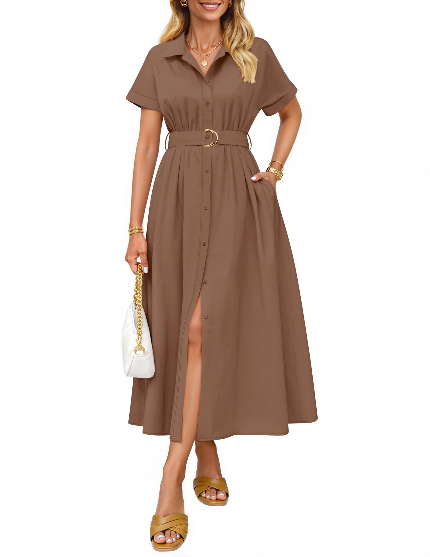 ZESICA Button Down A Line Belt Buiness Casual Shirt Dresses zesica ZESICA Button Down A Line Belt Buiness Casual Shirt Dresses zesica