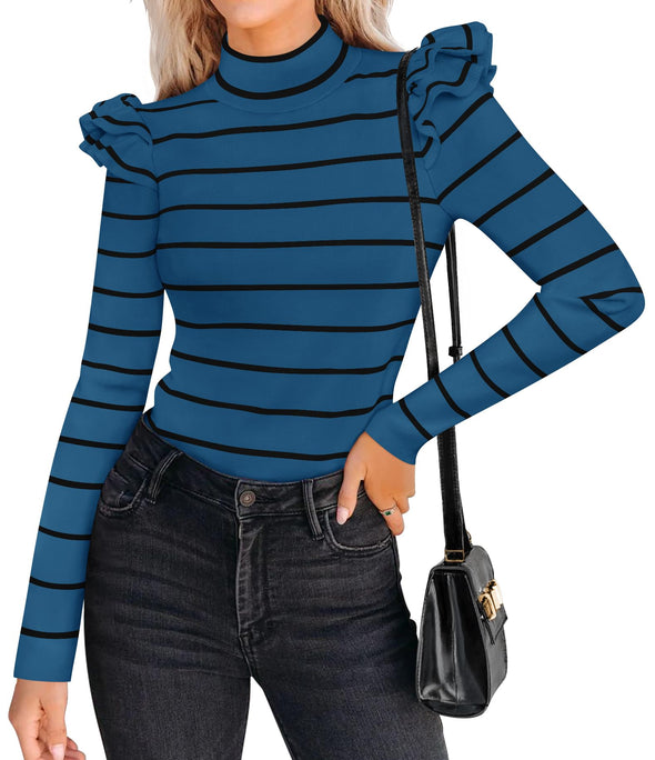 ZESICA Striped Ruffle Turtleneck Ribbed Knit Pullover Tops