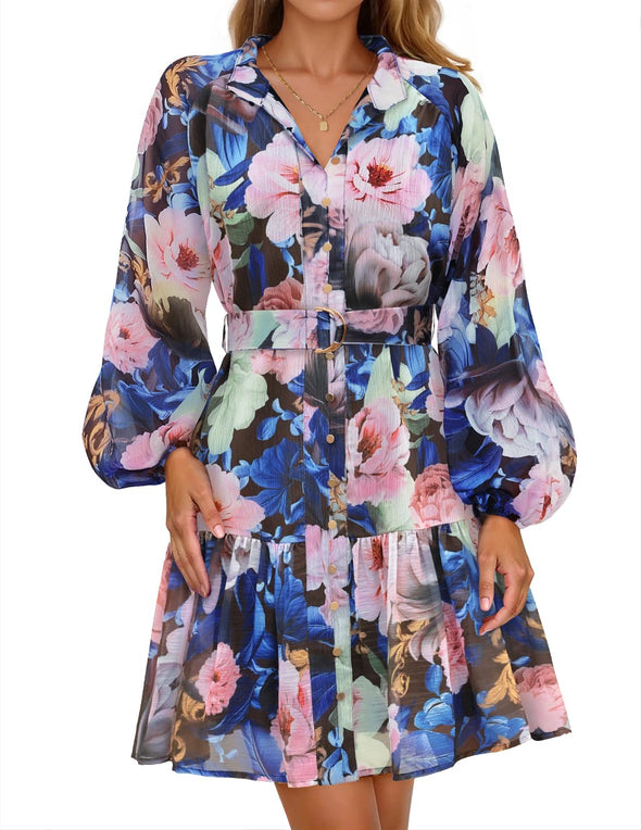 ZESICA Floral Button Chiffon A Line Party Short Dresses
