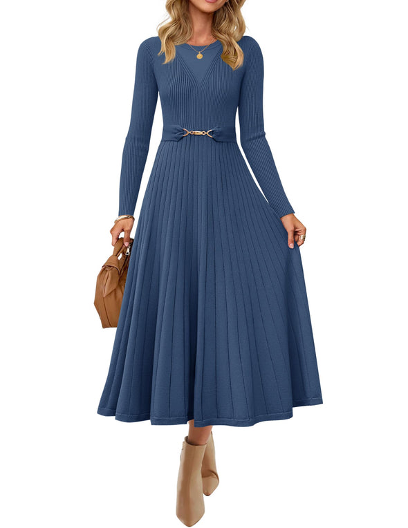 ZESICA Fall Crewneck Knit A Line Pleated Flowy Long Dresses with Belt