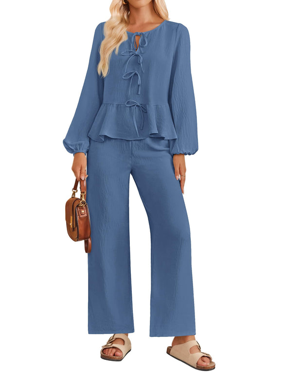 ZESICA  Long Sleeve Tie Front Top and Wide Leg Pants Pajama Sets