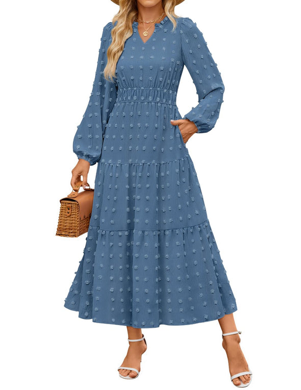ZESICA Boho V Neck Swiss Dot Tiered Flowy Swing Dress