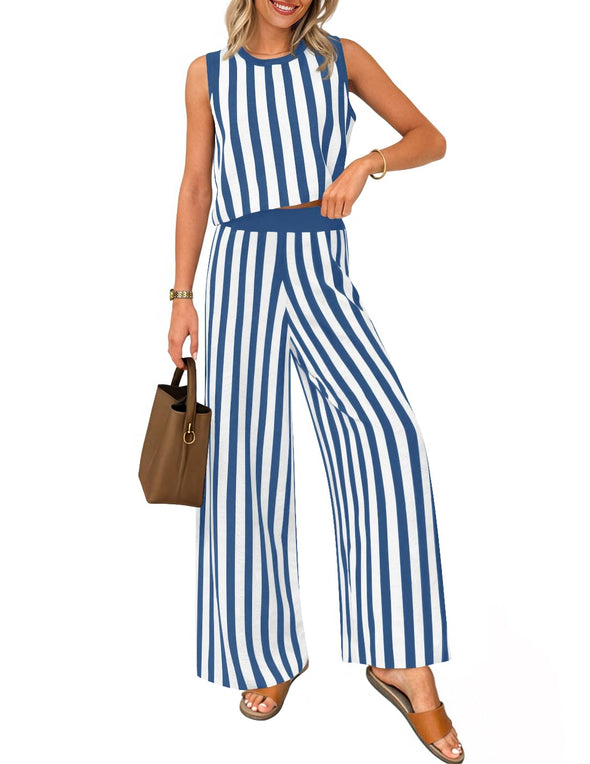 ZESICA Two Piece Outfits Crop Tank Tops and Wide Leg Pants Striped Sets