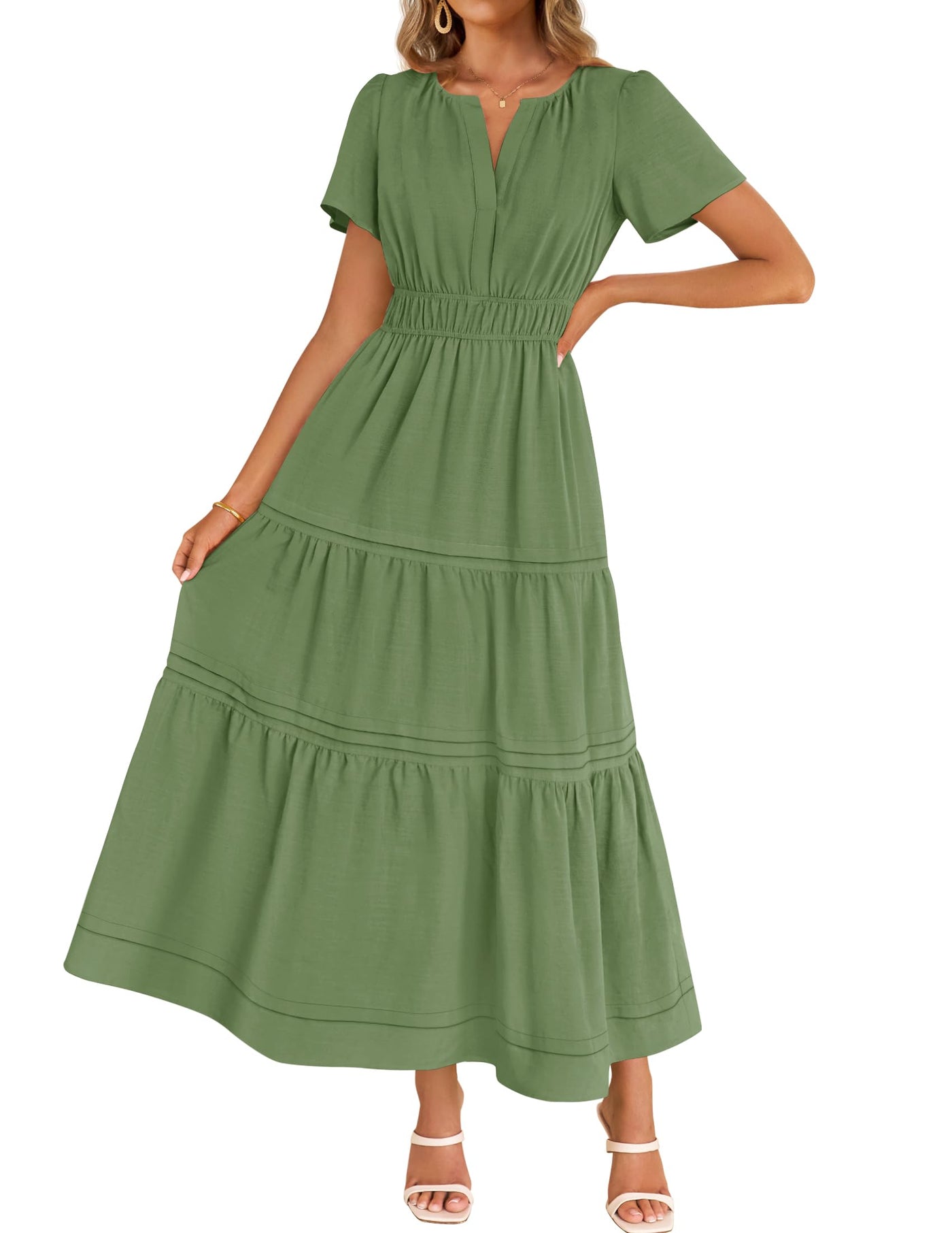 ZESICA Short Sleeve V Neck Elastic Waist Tiered Flowy Boho Dress zesica ZESICA Short Sleeve V Neck Elastic Waist Tiered Flowy Boho Dress zesica