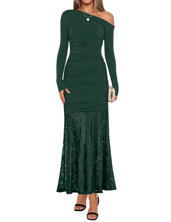 ZESICA Off Shoulder Bodycon Ruched Lace Wedding Guest Cocktail Dress