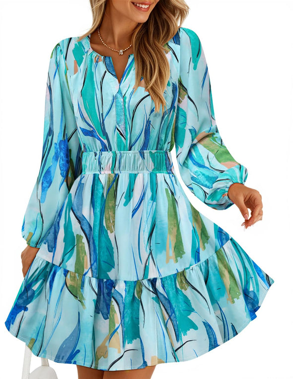 ZESICA Floral V Neck Smocked A Line Flowy Boho Mini Dresses