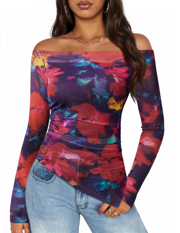 ZESICA Double Lined Sexy Long Sleeve Going Out Tops Floral Mesh Shirts