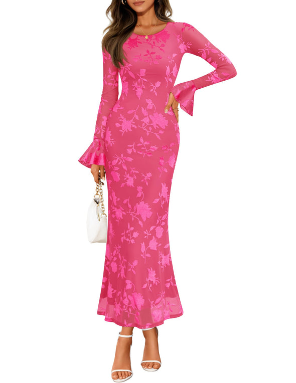 ZESICA Floral Bodycon Mesh Wedding Guest Cocktail Party Dresses