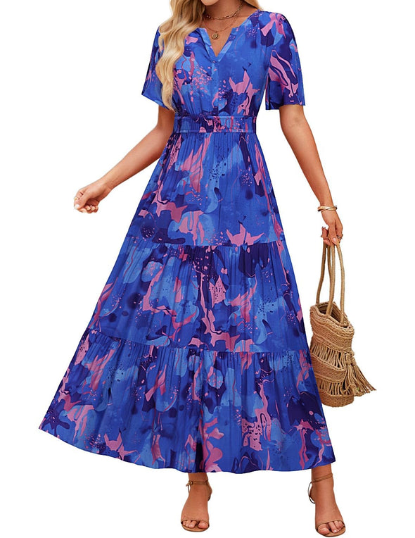 ZESICA Floral Print Short Sleeve V Neck High Waist Boho Dress