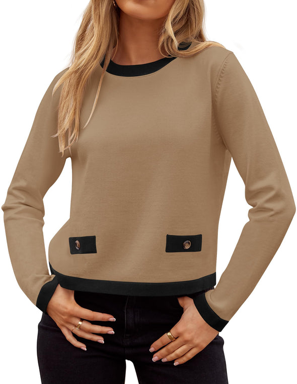 ZESICA Fall Crewneck Knit Color Block Lightweight Tops