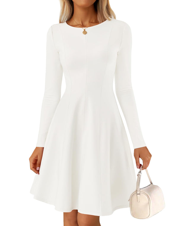 ZESICA Fall Crewneck Pleated Babydoll A Line Flowy Dresses