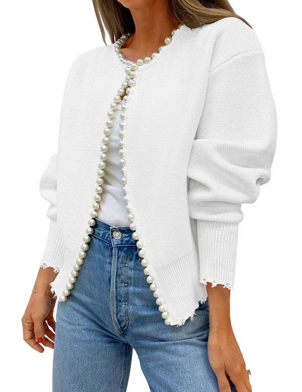 ZESICA Open Front Casual Knitted Long Sleeve Pearls Trim Coat