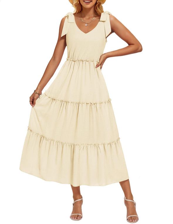 ZESICA Tie Shoulder Flowy Tiered A Line Beach Long Sundress