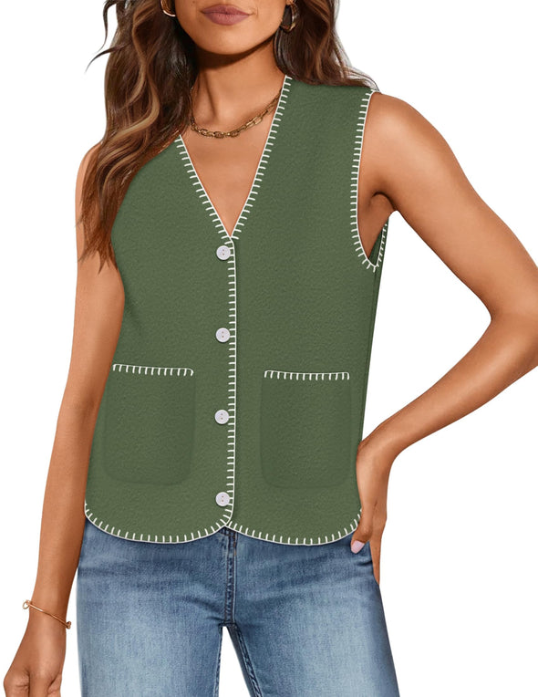 ZESICA Vest V Neck Knit Button Down Loose Crop Tank Tops