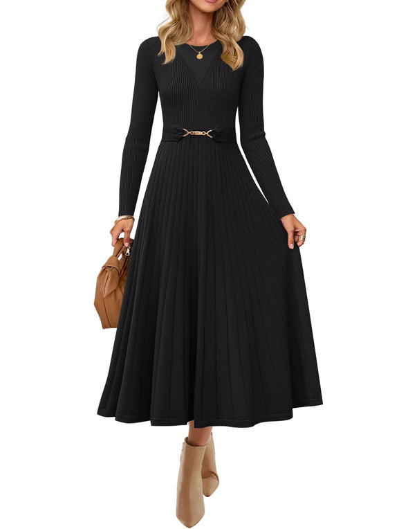 ZESICA Fall Crewneck Knit A Line Pleated Flowy Long Dresses with Belt