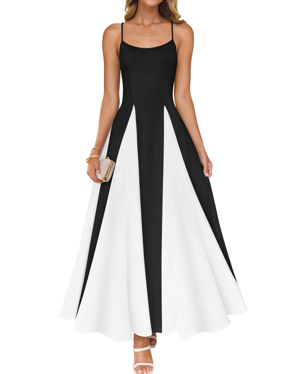 ZESICA Spaghetti Strap Sleeveless Color Block A Line Flowy Dresses