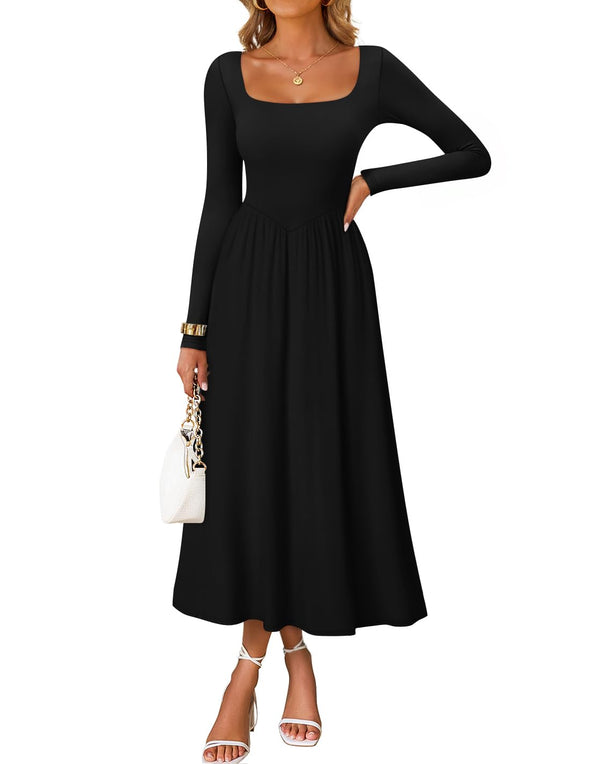 ZESICA Elegant Classy Square Neck Flowy Wedding Guest Dress