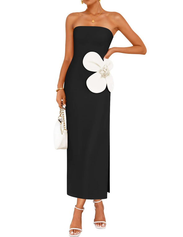 ZESICA Strapless Bodycon Ribbed Backless Floral Tube Cocktail Dresses