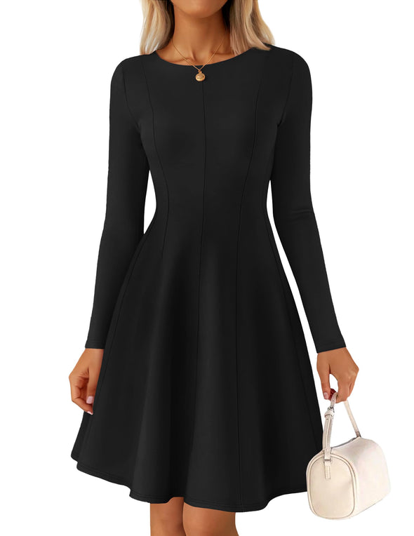 ZESICA Fall Crewneck Pleated Babydoll A Line Flowy Dresses