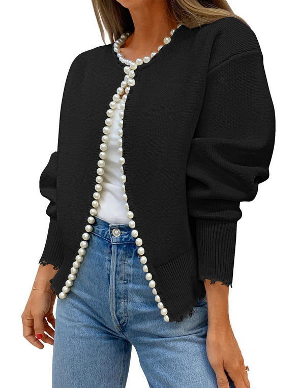 ZESICA Open Front Casual Knitted Long Sleeve Pearls Trim Coat