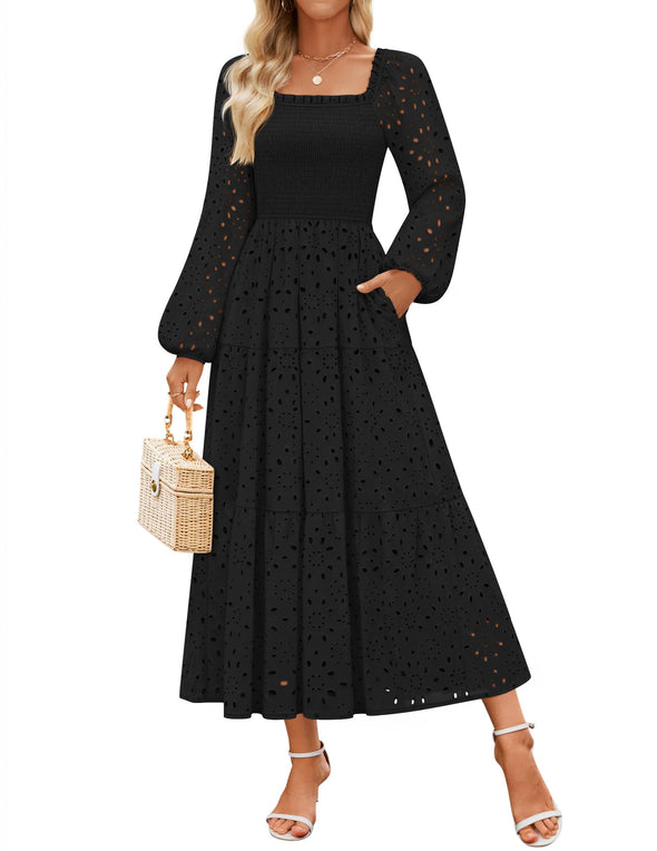 ZESICA Square Neck Hollow Out Eyelet Smocked A Line Boho Dress