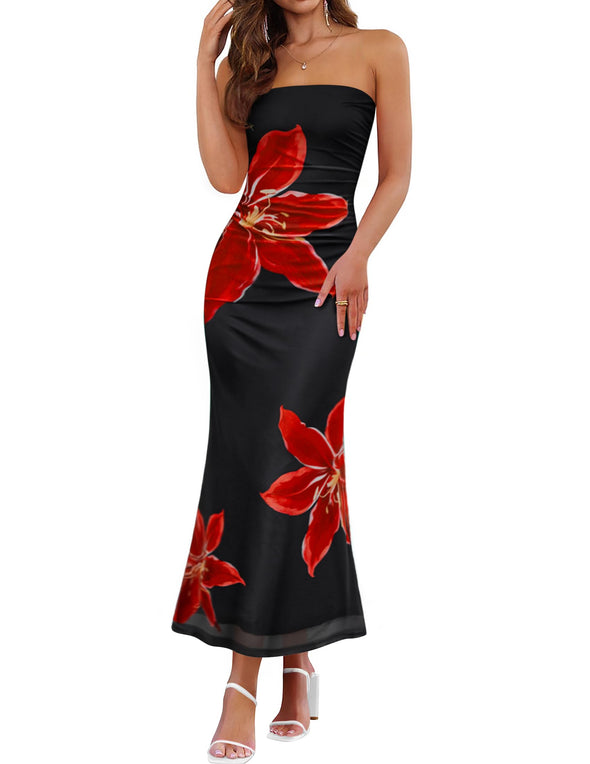 ZESICA Boho Floral Strapless Off Shoulder Bodycon Dresses