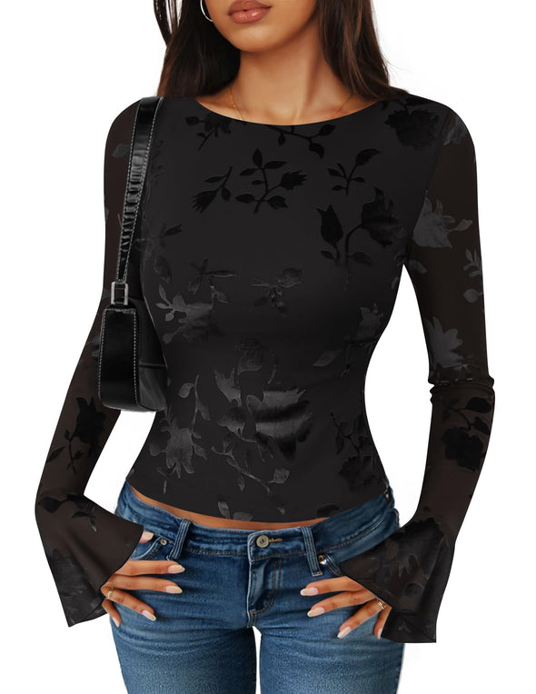 ZESICA Fall Fashion Boat Neck Fitted Shirts Trendy Going Out Y2k Outfits