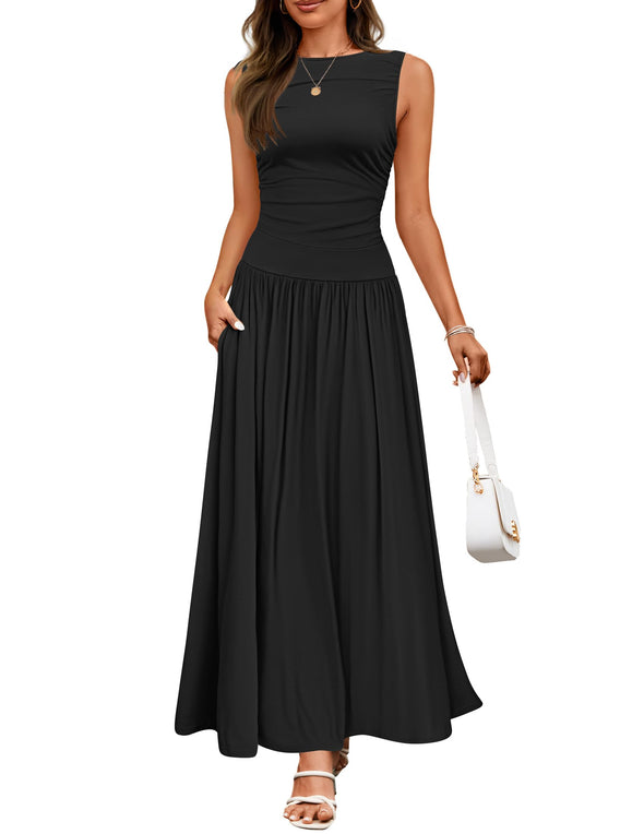 ZESICA Casual Crewneck Pleated Flowy Long Dress with Pockets