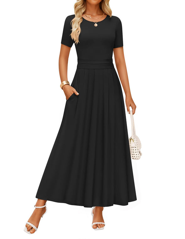 ZESICA Short Sleeve Crewneck Pleated A Line Flowy Long Dresses