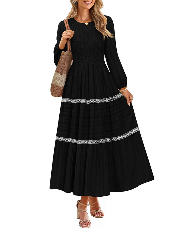 ZESICA Crewneck Smocked A Line Tiered Flowy Wedding Long Dress