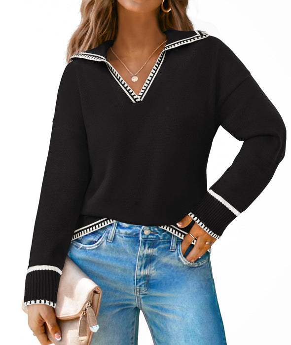 ZESICA V Neck Sweaters Collar Knit Pullover Jumper Tops