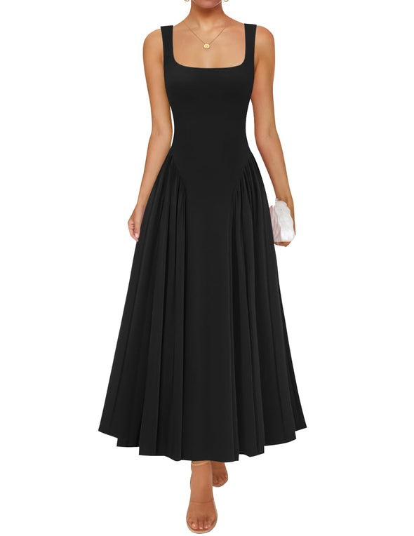 ZESICA Sleeveless Square Neck Casual Long Flowy A Line Dresses