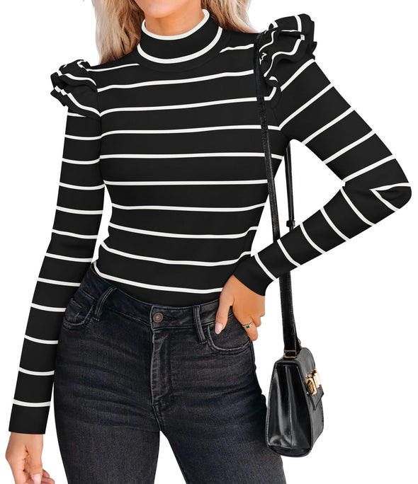 ZESICA Striped Ruffle Turtleneck Ribbed Knit Pullover Tops