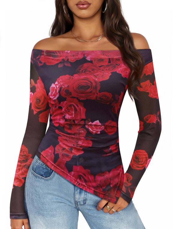 ZESICA Double Lined Sexy Long Sleeve Going Out Tops Floral Mesh Shirts