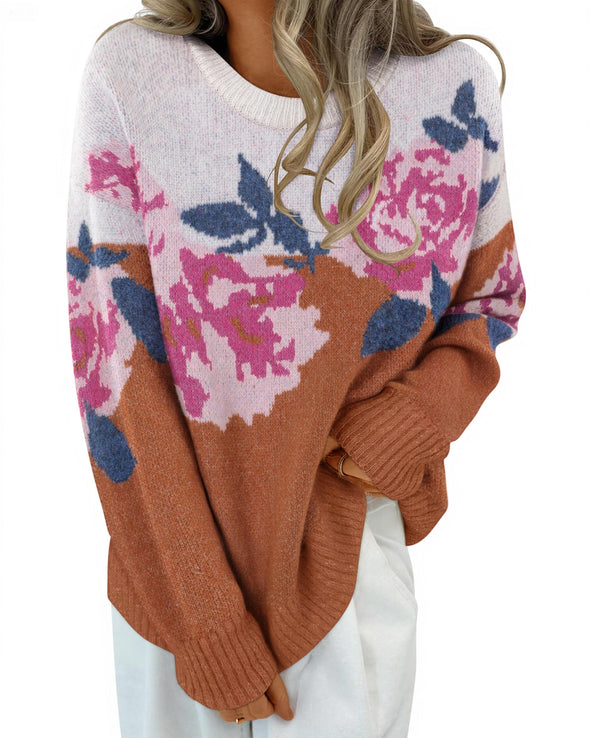 ZESICA Floral Oversized Crewneck Chunky Knit Pullover Sweater Tops