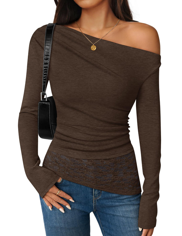 ZESICA Off Shoulder Casual Boat Neck Lace Slim Fit Going Out Y2k Shirts
